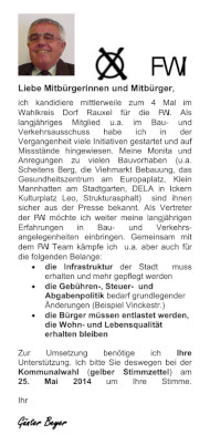 Bildhafte Darstellung des Flugblatt FWI Kandidat Günther Beyer Korte zur Kommunalwahl 2014 - Link auf den Flyer als PDF