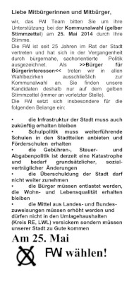 Bildhafte Darstellung des Flugblatt FWI wählen zur Kommunalwahl 2014 - Link auf den Flyer als PDF