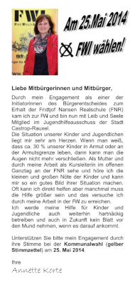 Bildhafte Darstellung des Flugblatt FWI Kandidatin Annette Korte zur Kommunalwahl 2014 - Link auf den Flyer als PDF