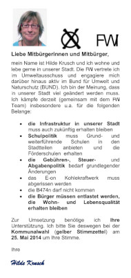 Bildhafte Darstellung des Flugblatt FWI Kandidatin Annette Korte zur Kommunalwahl 2014 - Link auf den Flyer als PDF