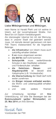Bildhafte Darstellung des Flugblatt FWI Kandidat Harald Piehl zur Kommunalwahl 2014 - Link auf den Flyer als PDF