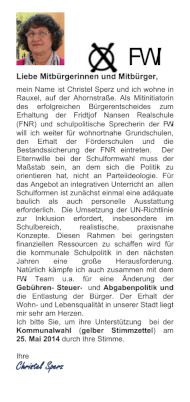 Bildhafte Darstellung des Flugblatt FWI Kandidatin Christel Sperz zur Kommunalwahl 2014 - Link auf den Flyer als PDF