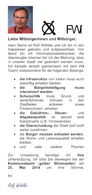 Bildhafte Darstellung des Flugblatt FWI Kandidat Rolf Wölke zur Kommunalwahl 2014 - Link auf den Flyer als PDF