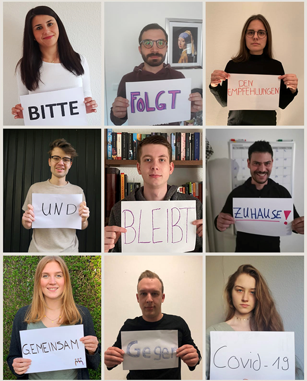 Foto-Collage: Junge Mitglieder der Parteien in Castrop-Rauxel bilden mit jeweils einem Wort auf ein Blatt geschrieben den Text: Bitte folgt den Empfehlungen und bleibt zuhause! Gemeinsam gegen Covid-19.