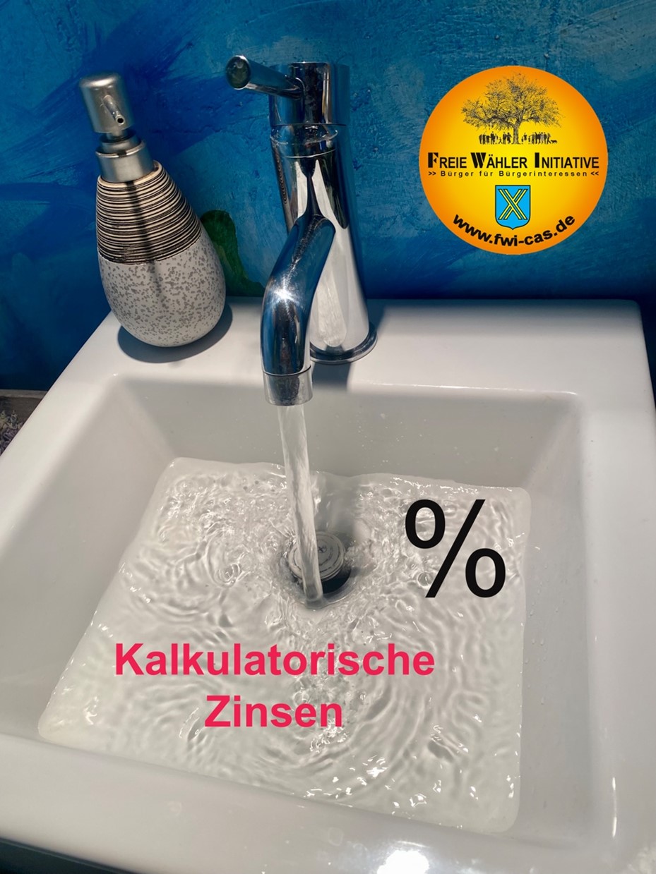 Foto: Laufender Wasserhahn über Spülbecken mit der Frage Kalkulatorische Zinsen?